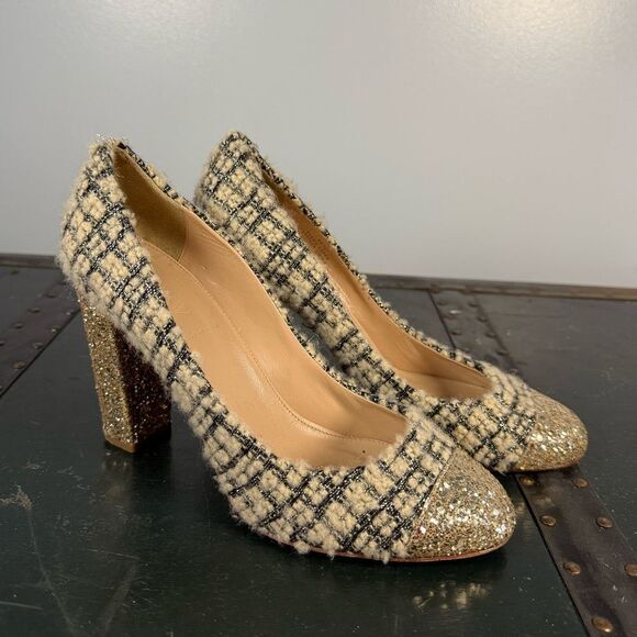 J. Crew Collection Tweed Pumps With Gold Sequins Block Heels Size 9 - Picture 1 of 5